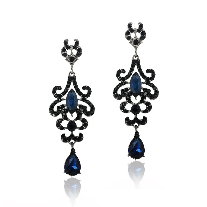 Prom Pageant Jewelry Art Deco Accessories Long Black Gothic Chandelier Rhinestone Crystal Dangle Drop Earrings for Women