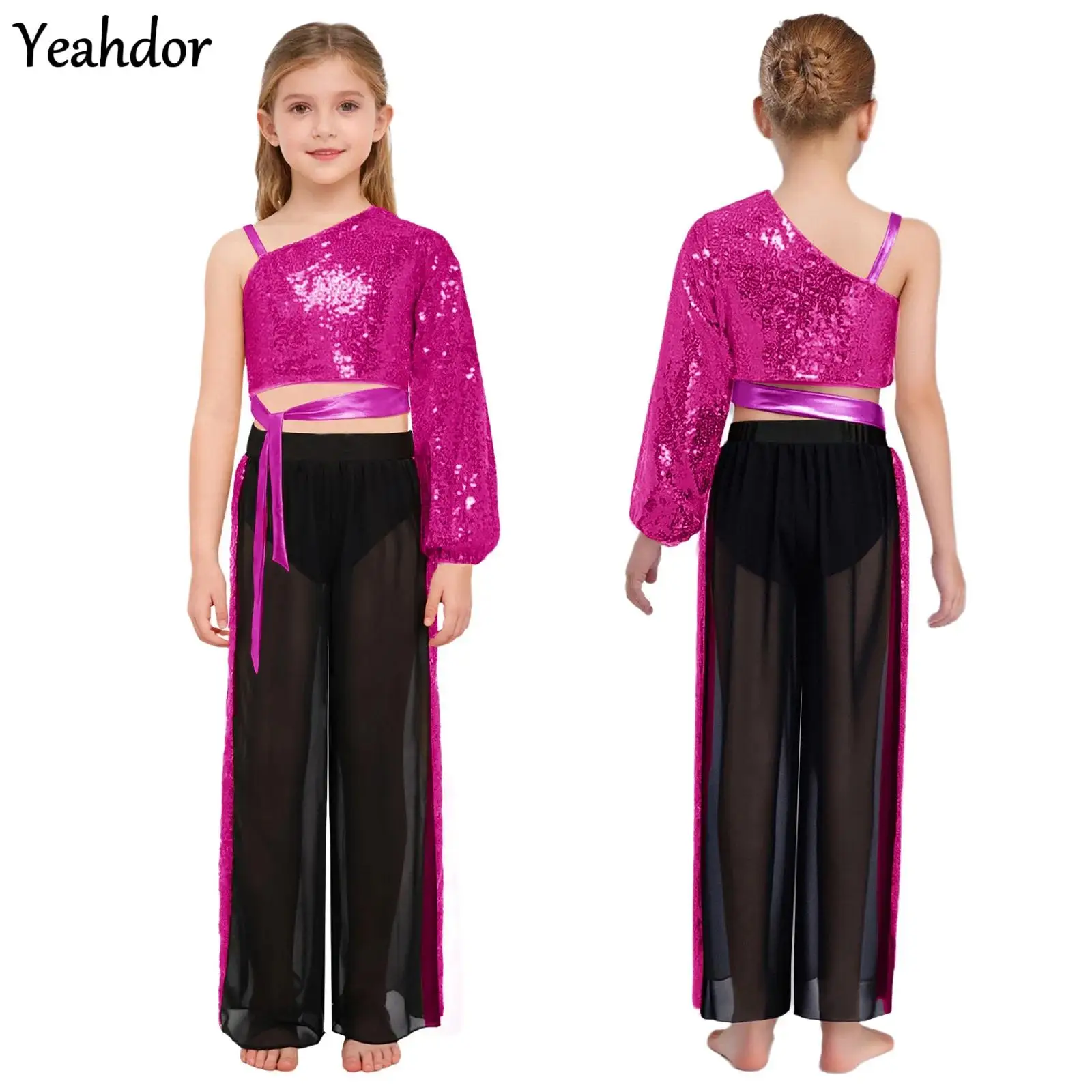 

Girls Sparkly Sequin Ballet Lyrical Dance Outfit One Shoulder Long Sleeve Crop Top And Chiffon Wide-Leg Pants Jazz Dance Costume