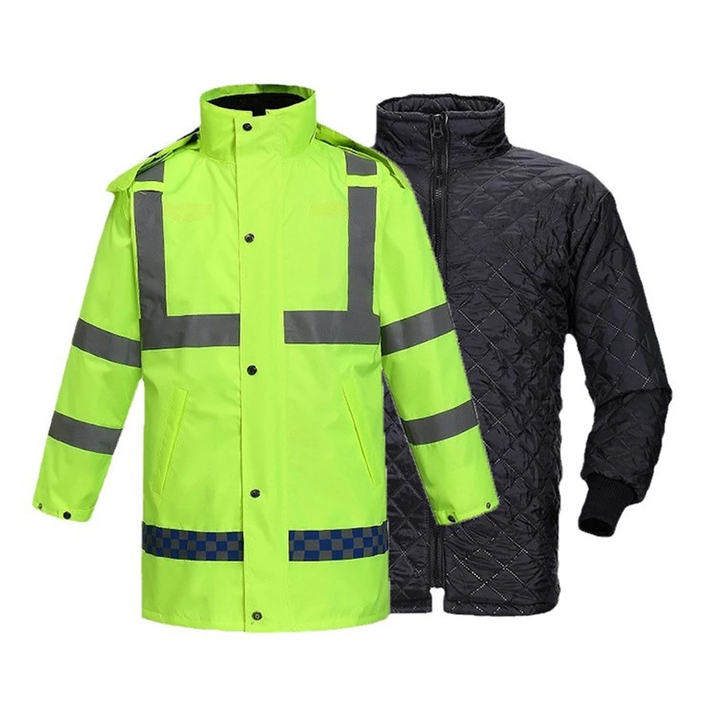 High Visibility Reflective Safety Jacket Winter Raincoat with Removable Cotton Linner Waterproof Oxford Traffic Work Clothes