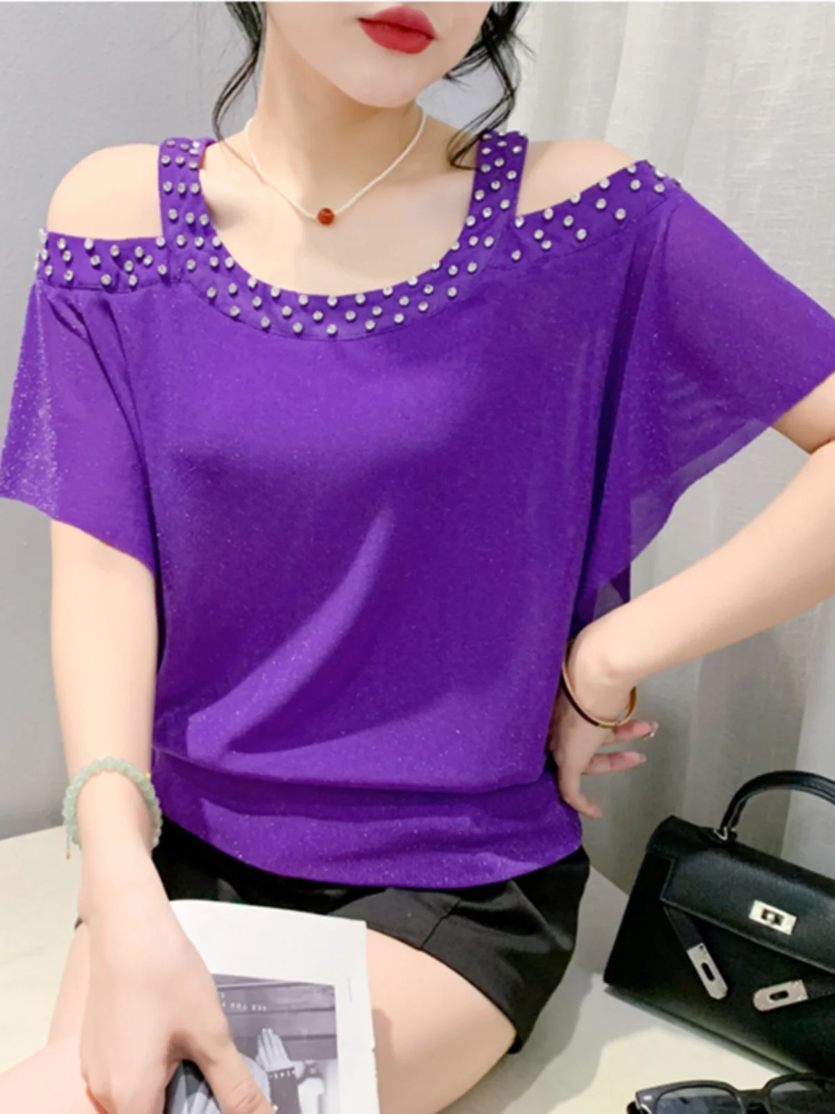 Summer Me oulder Bared ort Sve round Ne T irt Damen Faion Strass Slim Fit Top Trendy Korean Sle Pendeln