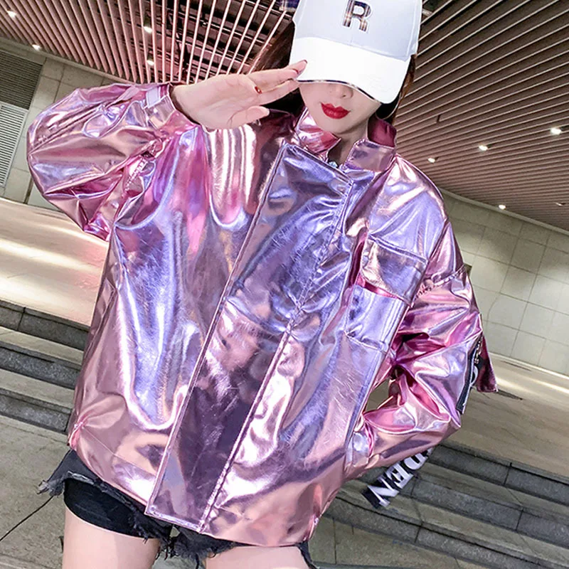 Spring Oversized Cool Silver Gold Blue Shiny Reflective Patent Pu Leather Jacket Women with Hood Unisex Y2K Clothes