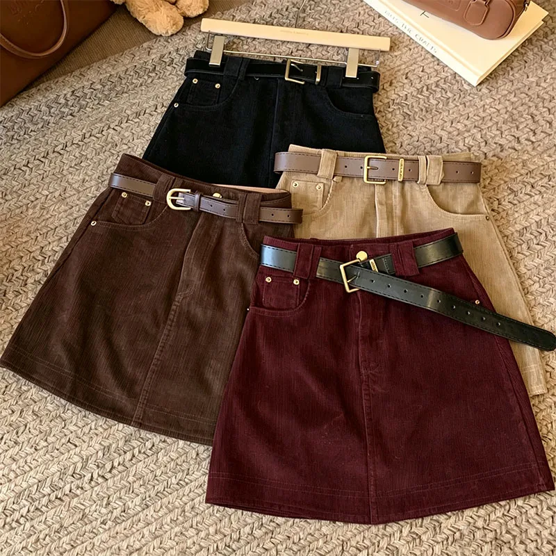 Vintage Carduroy Mini Skirt Women Korean Fashion with Belt High Waist Bodycon Skirts Elegant Slim Fit Streetwear Short Skirts