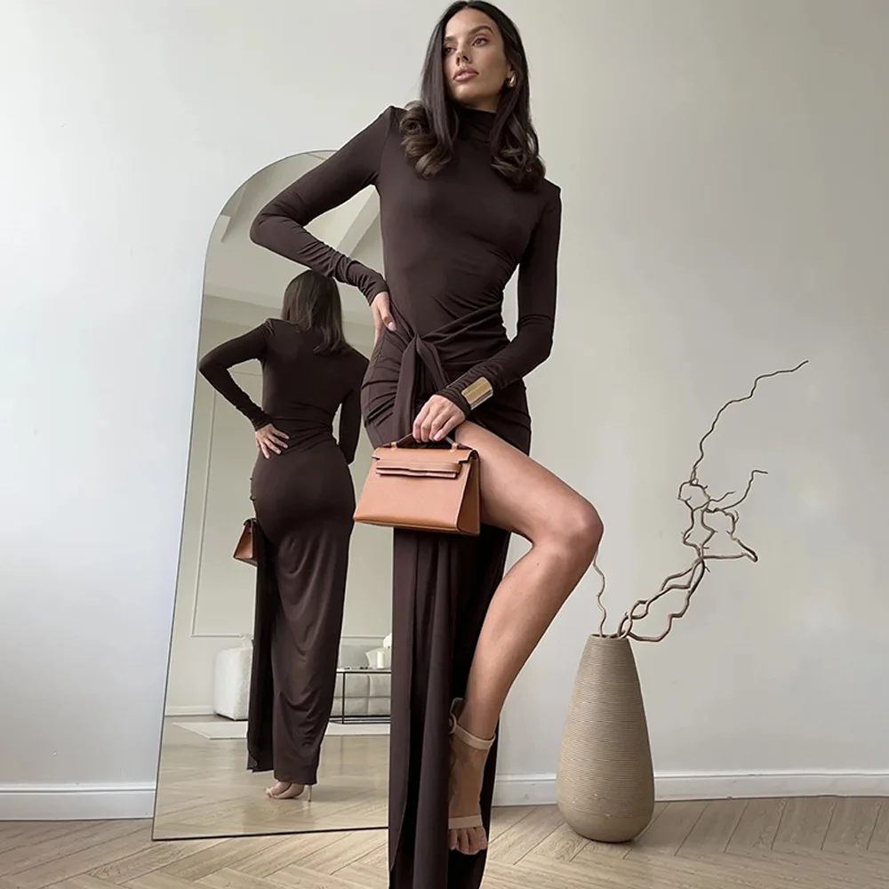 Outono e inverno moda feminina gola alta manga longa emenda cinta cintura estilo emagrecimento vestido de cor sólida para mulher