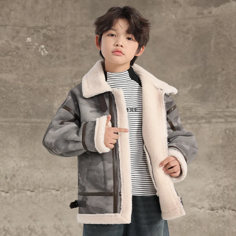 Boys Thickened Plush Jacket Winter Coat Korean Style Big Boys Fashionable Velvet One-Piece with Fur Collar New Arrival