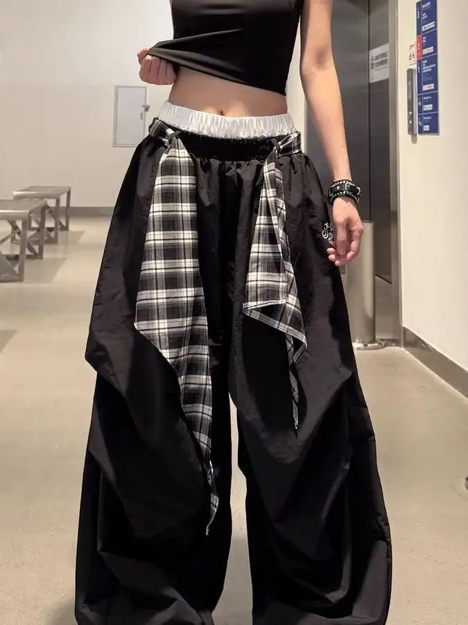 American Retro Street Dance Wide Leg Pants Detachable Floor Length Loose Drapey Casual Trousers Plaid Splicing High Waist Ela... - Image 2