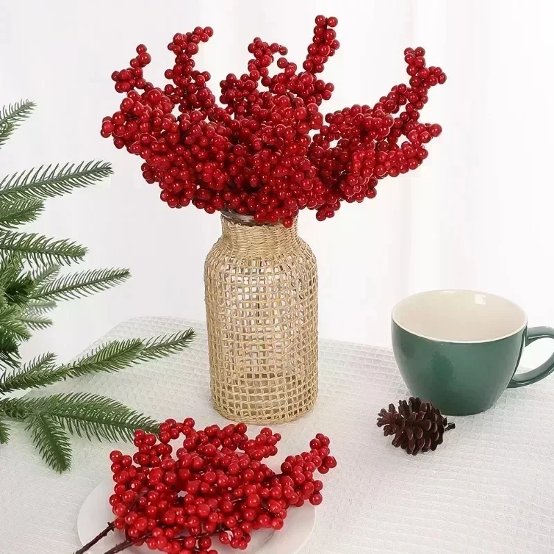 Chinese New Year Red Berries Branches Artificial Holly Berry Stamen Plants Flowers Wreath Ornaments Xmas Tree Party Home Decor