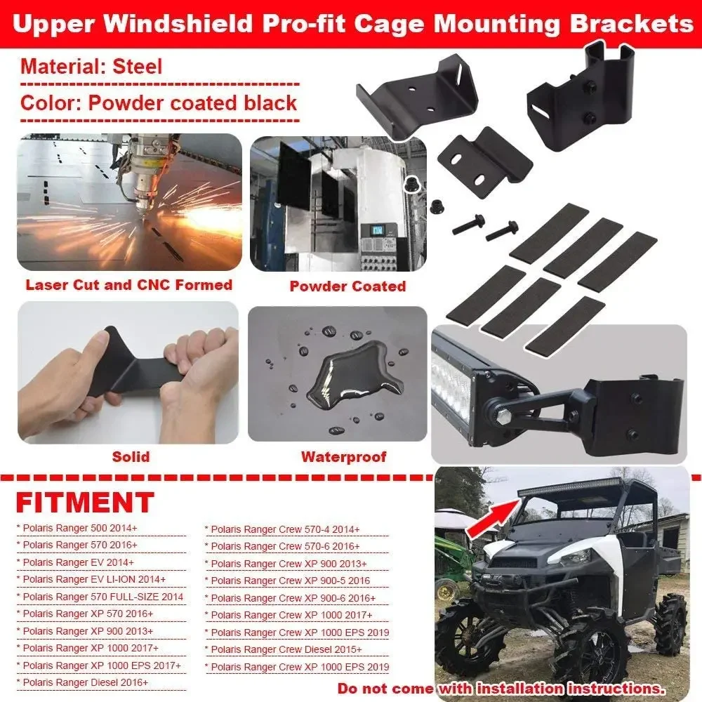 50 Inch Curved Straight LED Mounting Brackets Upper Front Windshield Fits on 2013-2020 Polaris Ranger 500 570 XP900 XP1000