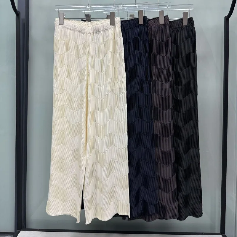 Miyake Pleated 2026 Autumn New Plus Size Women's Wide-Leg Pants Glossy Gradient Wave Pattern Straight-Leg Long Pants for Women
