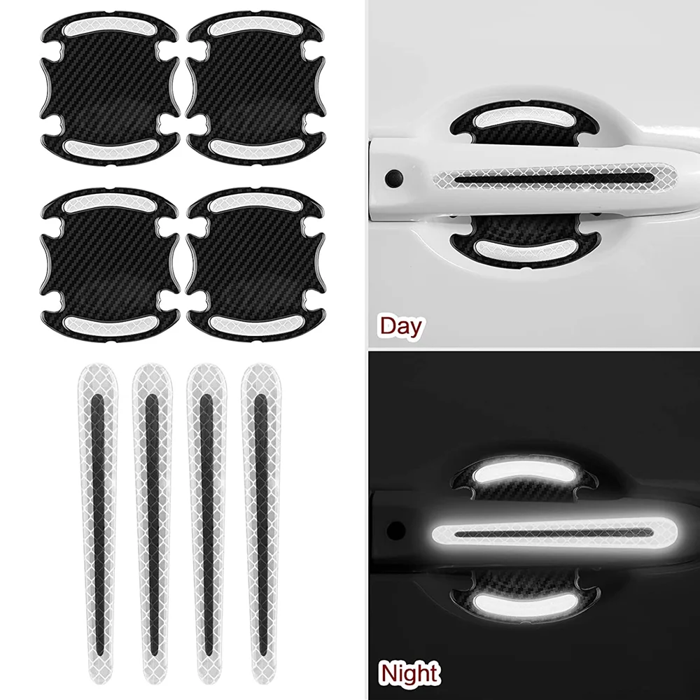 

8Pcs White Reflective Car Stickers Badge Door Handle Protector Film Anti-Scratch Car Accessories