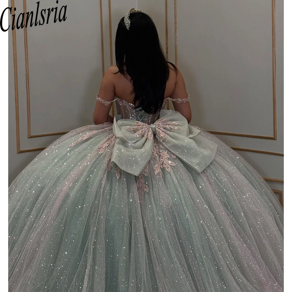 

Glitter Blue Ball Gown Quinceanera Dress Pink Lace Applique Beading Corset Sweet 16 Vestidos De 15 Anos