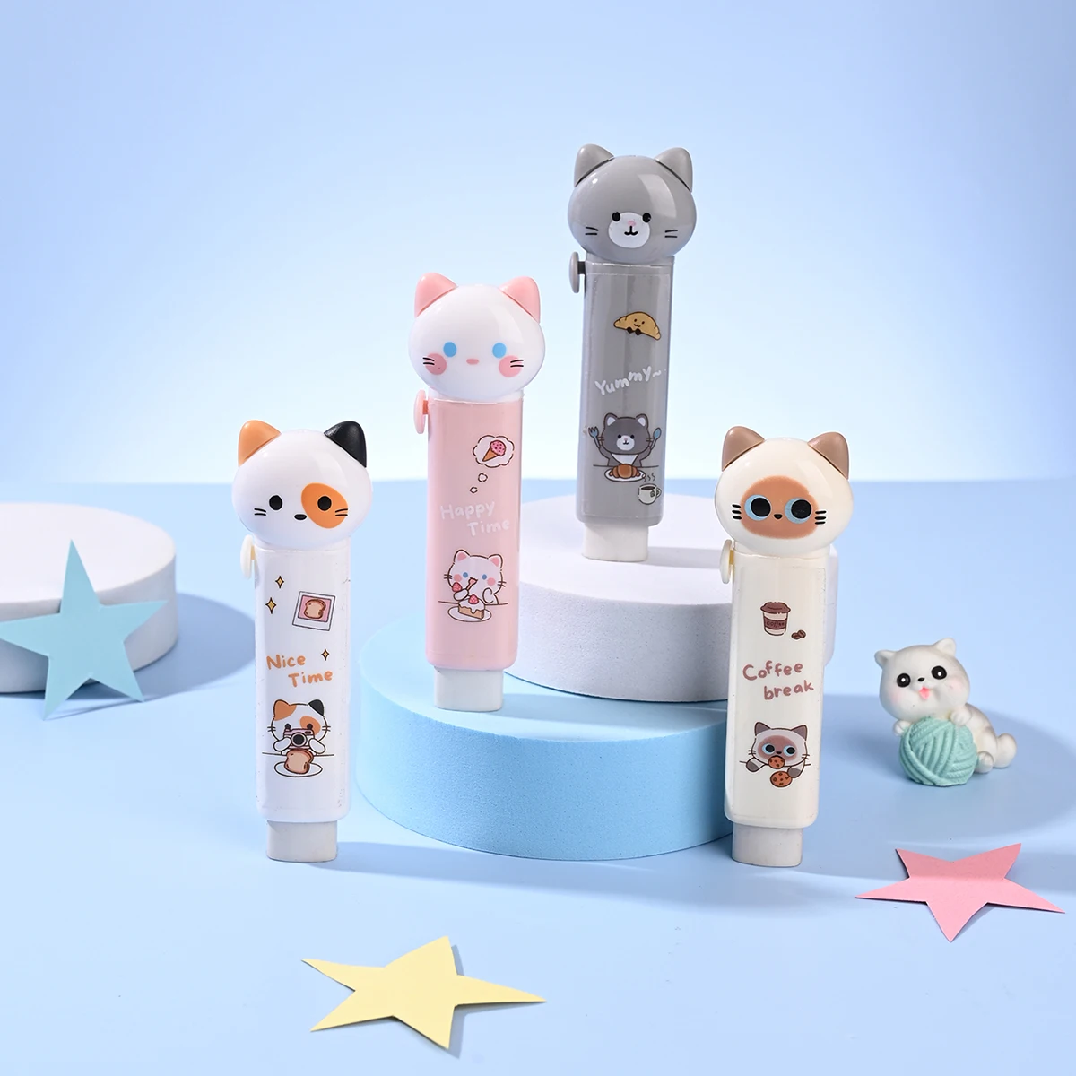 1pc Cartoon Cat Sliding Eraser, Mini Kitty Push-Pull Rubber Erasers for Pencil Cleaning School Student Stationery