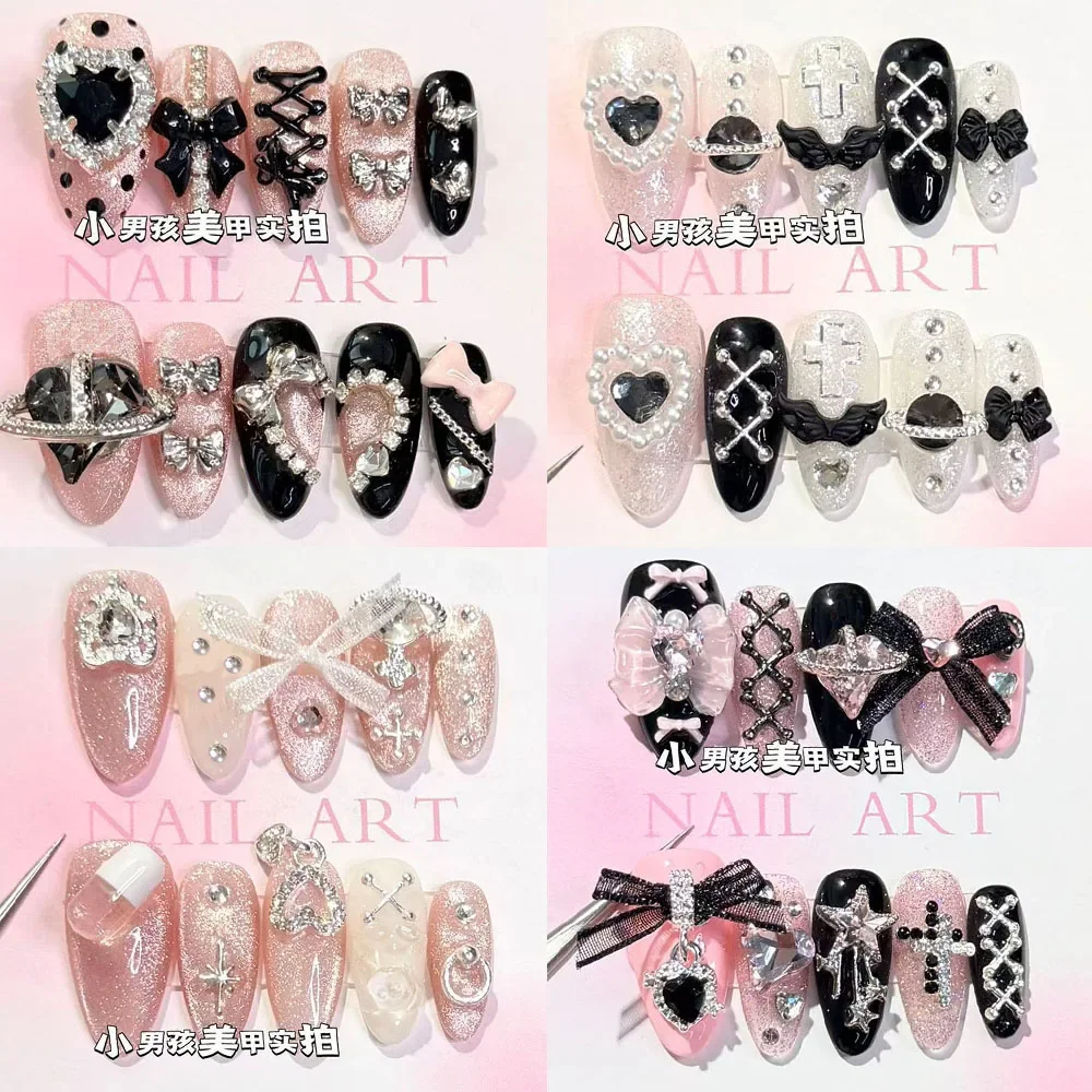 Jirai Kei Style Lace Love Diamond Cat Eyes Almond Nail Art Stars Pearl Bowknot Metal Decoration Handmade Fake Nail Party Sticker