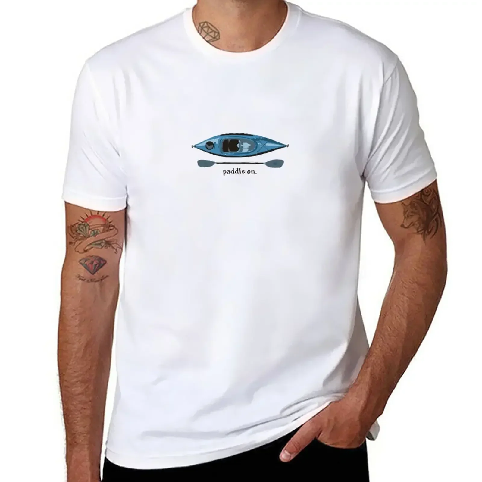 Blue Kayak with paddle illustration, and Paddle on text T-Shirt tees quick-drying mens white t shirts