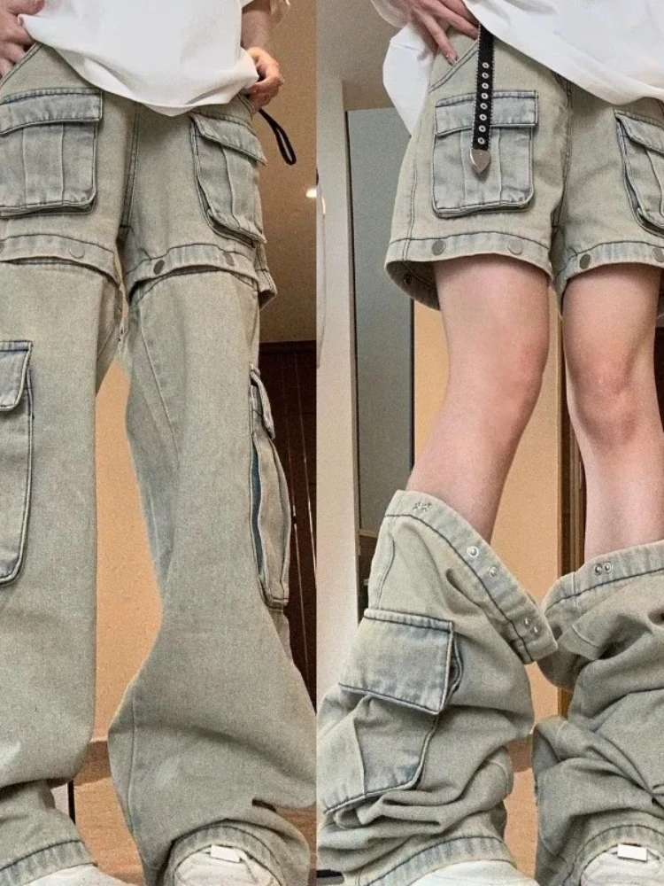 

American style New Detachable Design Sense Tooling Jeans Female Y2K Gothic Retro High Street Straight Small Vibe Waisted Pants