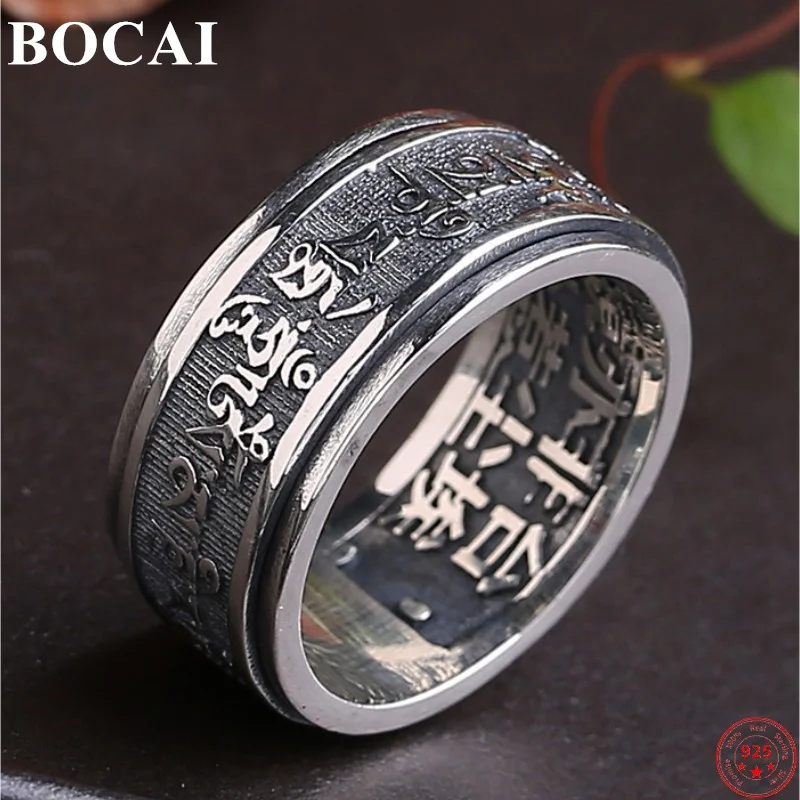 BOCAI S925 Sterling Silver Rotatable Rings Six Syllable Mantra Buddhist Sayings Charm Jewelry Pure Argentum Amulet for Men Women