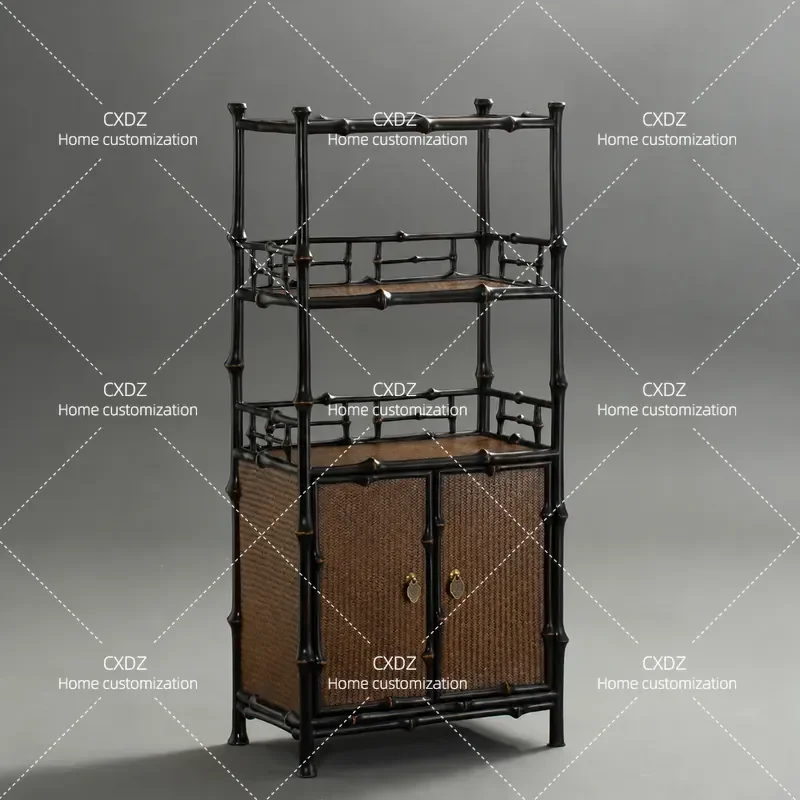 Bamboo Two Layer Tea Cabinet with Door Bookcase Storage Shelf for Tea Set Display Stand in Tea Room