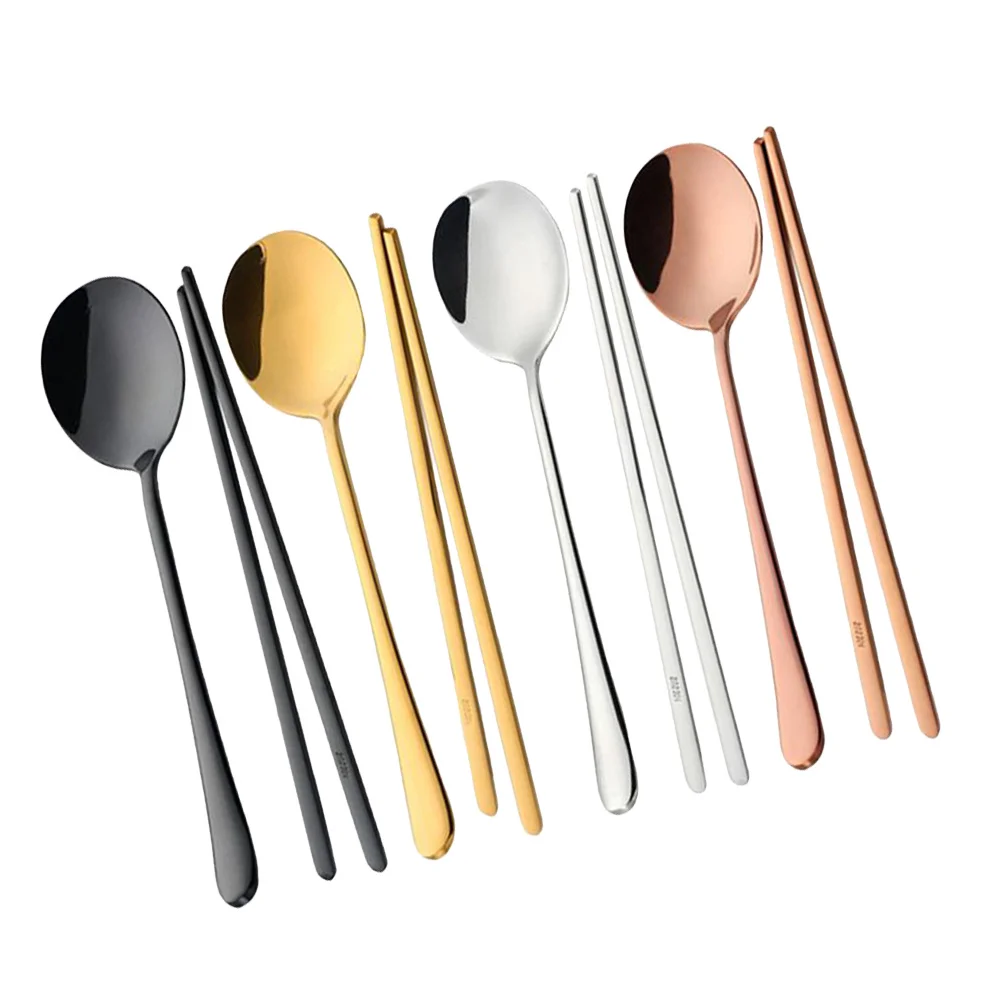 

4Sets Stainless Steel Chopsticks Spoons Flatware Set Korean Style Solid Wide Portable Tableware Kit Dinner Service for Banquet