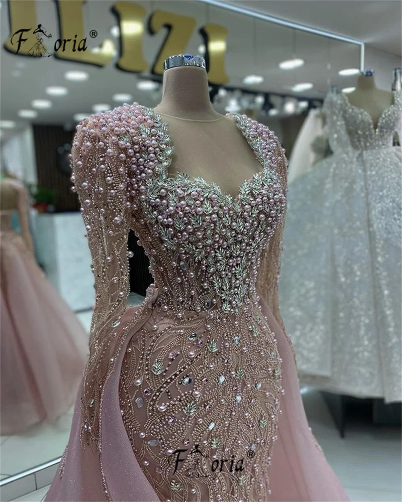 Vestidos De Noite Frisados De Cristal Completo, Pérolas Pesadas Completas, Rosa, Formal, Festa De Casamento De Dubai, Diamante