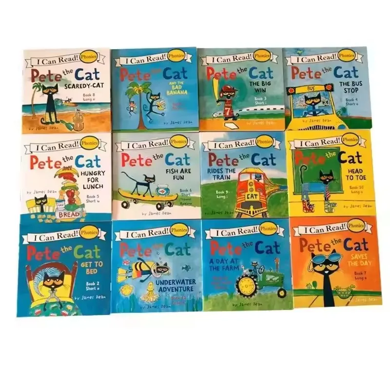 

12 Books Pete the Cat I Can Read Phonics English Picture Book Story Pocket Book for Children Kids Montessori Bedtime Reading