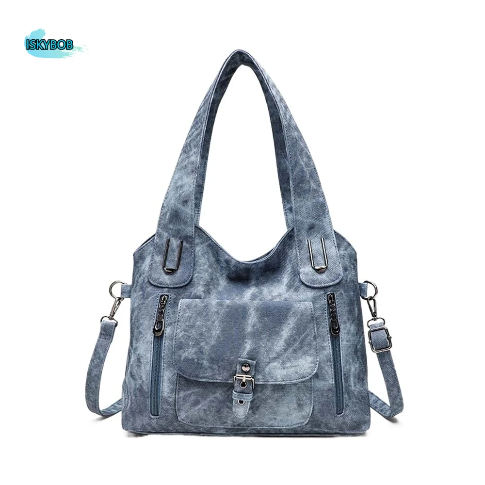

Tie-dye Handbag Retro Tote Bag Multi-pockets Texture Leather Contrast Color Shoulder Bag Large Capacity Magnetic Button