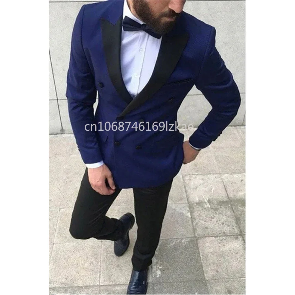 

Men's Suits Blue Double Breasted Black Shawl Lapel Formal Party Outfits Elegant Wedding Blazer 2 Piece Jacket Pants Slim Fit