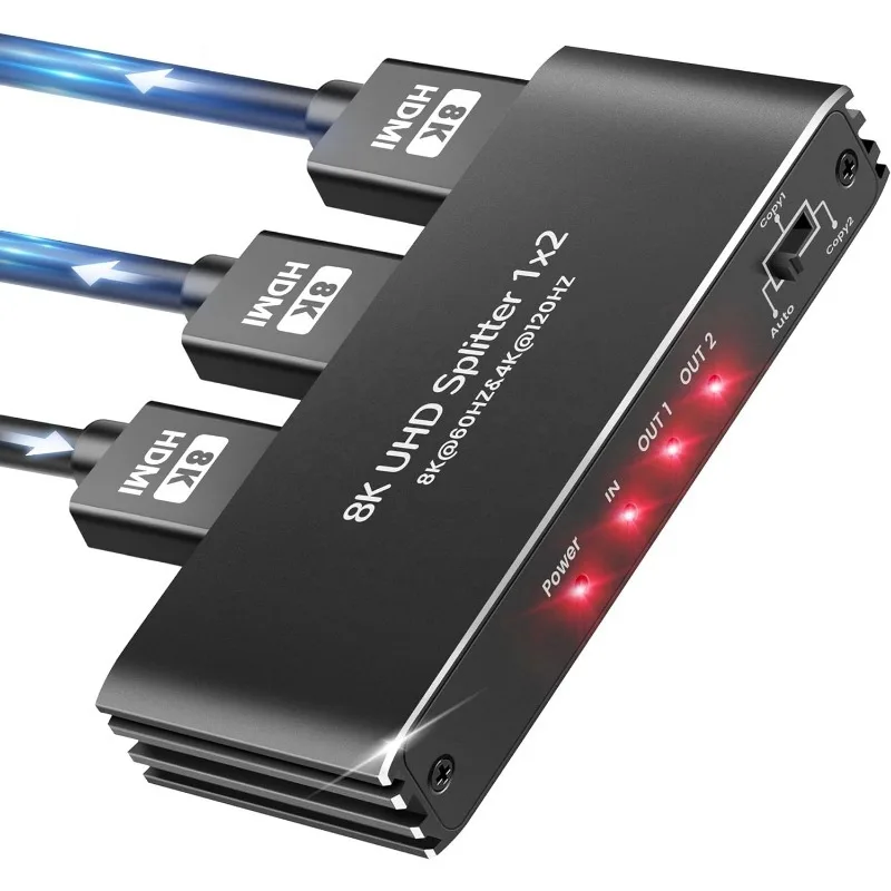 8K HD 2.1 Splitter 1 in 2 Out Aluminum Alloy Housing HDCP2.3 Compatible Dual Monitor Video Transmission Adapter for Xbox PS4