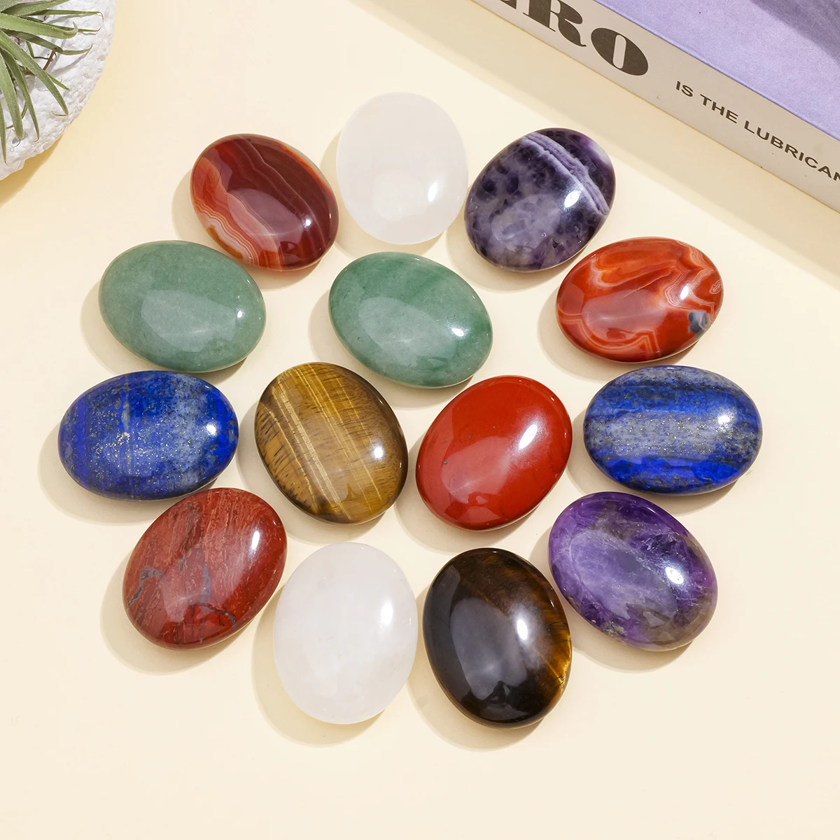 1PC Pink Crystal Amethyst Tiger Eye Thumb Worry Stone for Anxiety Stress Relief Chakras Natural Crystals Meditation Tool