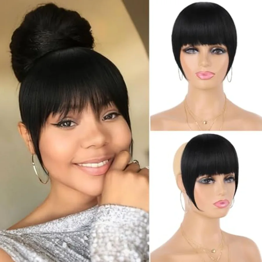 

Clip-in bangs for black women: kinky straight 1B hair extensions with temple clips, thick fringe design for natural short bangs