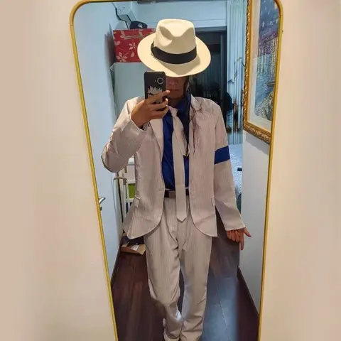 Michael Jackson Cosplay Costume MJ BAD Smooth Criminal White Stripe Suit Pant Hat Set for impersonator Halloween Carnival Outfit