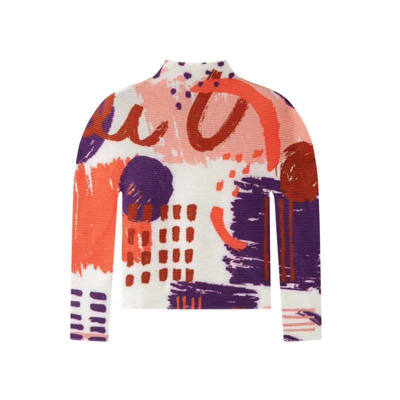 

Miyake Pleated Women's Long Sleeve T-shirt 2026 Spring Summer New Corn Grain Abstract Print High Neck Pullover Tops