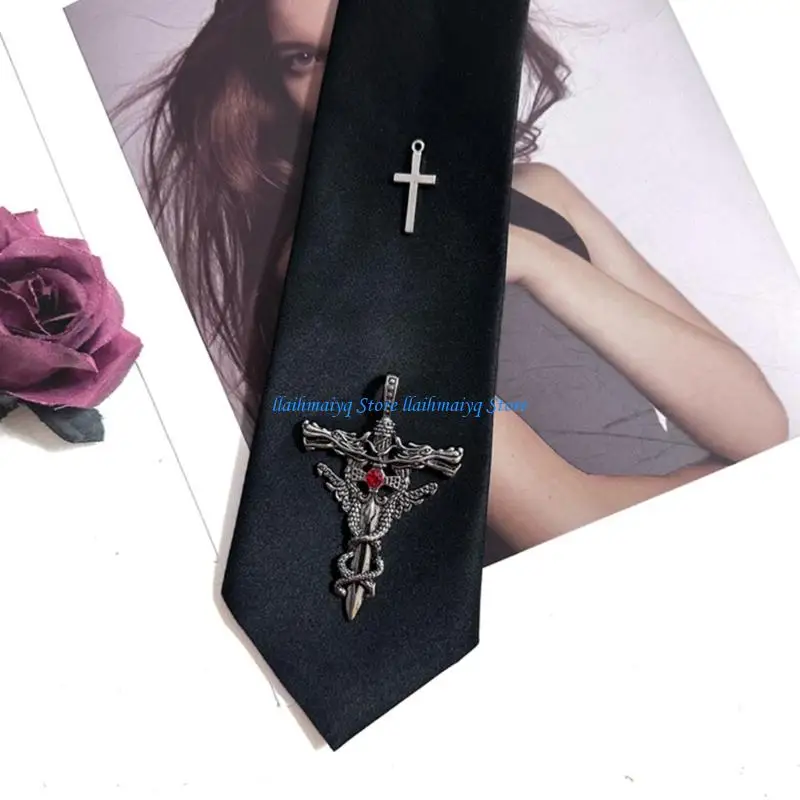 573B Punk Pre-tied Uniform Ties with Carved Metal Crosses Girls School Uniforms