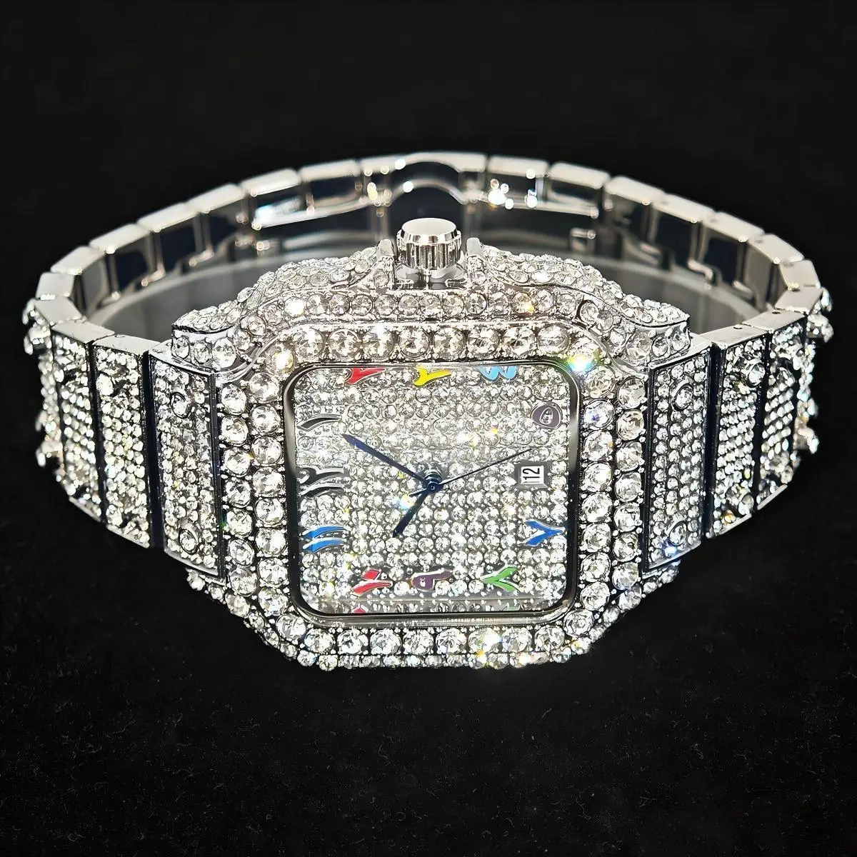 

2025 UNIGUET Mens Luxury Diamond Watch with Rainbow Dial Quartz Movement Calendar Function Hip Hop Iced out Fashion Wristwatch