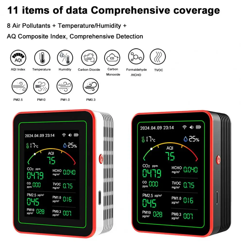 جهاز اختبار Pm2.5 جهاز مراقبة الهواء الداخلي مع شاشة عرض لـ Co Co2 Hcho Tvoc Aqi Pm0.3 Pm1.0 Pm2.5 Pm10 ميزان الحرارة للمنزل