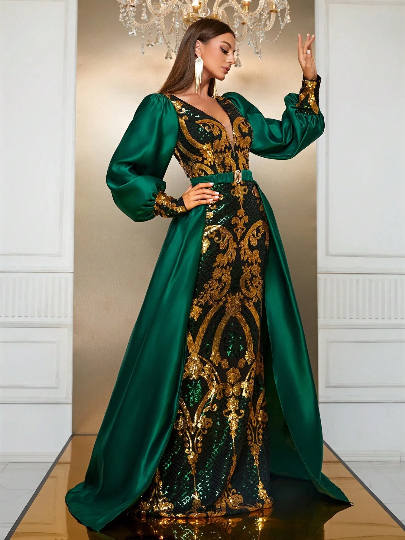 Suknia wieczorowa damska Princ Sle Long Dr, długa, zdobiona koralikami, ślubna, do ziemi, głęboki dekolt w serek, bufiaste rękawy, dopasowany krój.