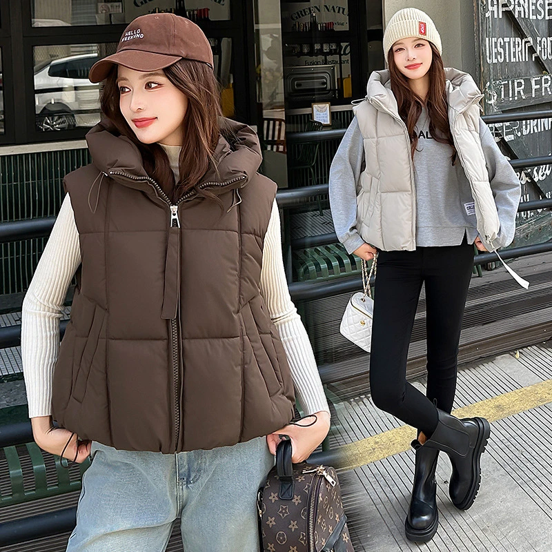 

Thick Fluffy Warm Hooded Stand-up Collar Vest Cotton Padded Jackets Sleeveless 2025 New Autumn Winter Loose Women's Vest Jackets