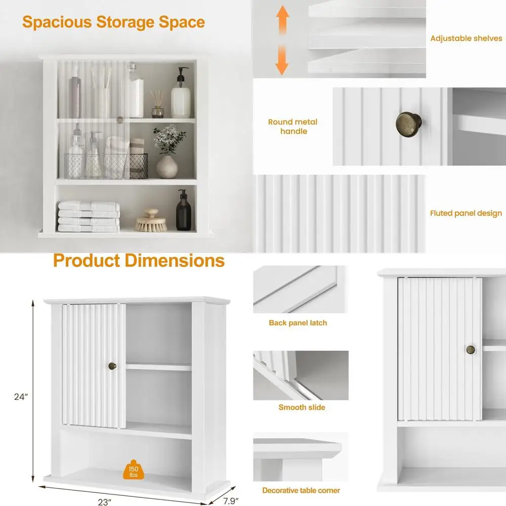 

White Wall-Mounted Medicine Cabinet with Fluted Sliding Door and Adjustable Shelves for Over Toilet Storage