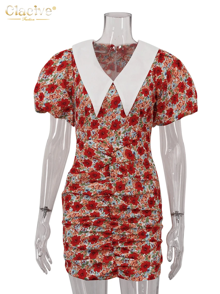 Women's Ruched High-Waist Mini Dress - Lapel Short Sleeve Print