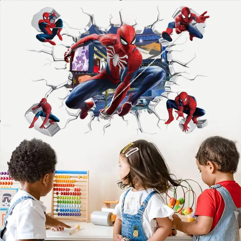 3D Broken Wall Marvel Avengers Wall Stickers For Kids Room Living Room Wall Decoration SuperHero Movie Poster Gifts For Boys