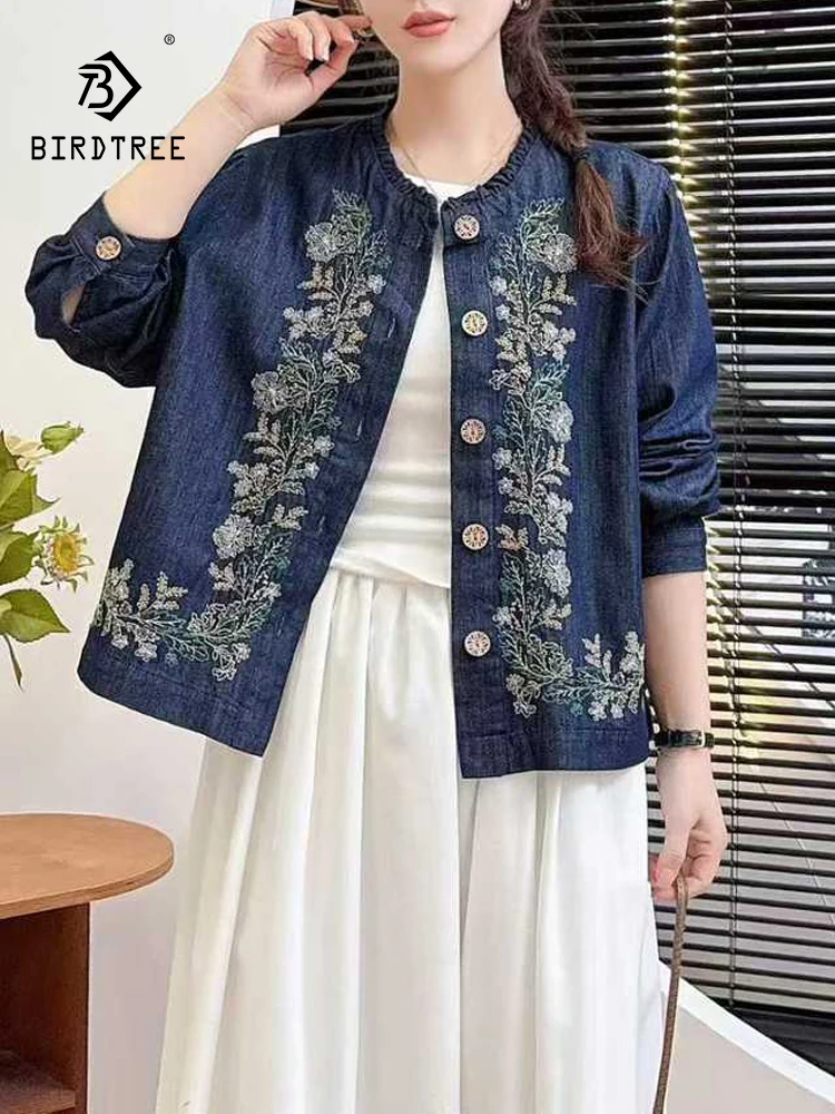 

New 2025 Winter Long Sleeve Denim Coat, Women O Neck Floral Embroidery, Mori Girl Retro Casual Versatile Loose Jacket C5N627CC