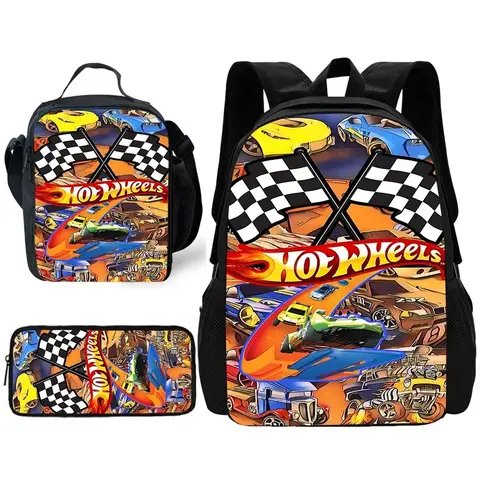Child School Cartoon Hot Wheels Cars Backpack with Lunch Bags ,Pencil Bags ,School Bags for Boys Girls Best Gift