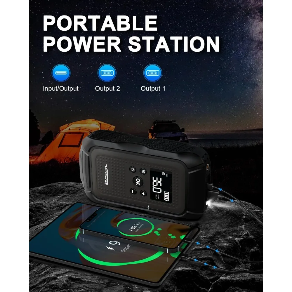 7000A Jump Starter مع ضاغط الهواء (جميع الغاز/10.0L الديزل)، حزمة بادئ تشغيل الطائر 12 فولت مع منفاخ إطارات تلقائي 150 رطل لكل بوصة مربعة، بطارية السيارة