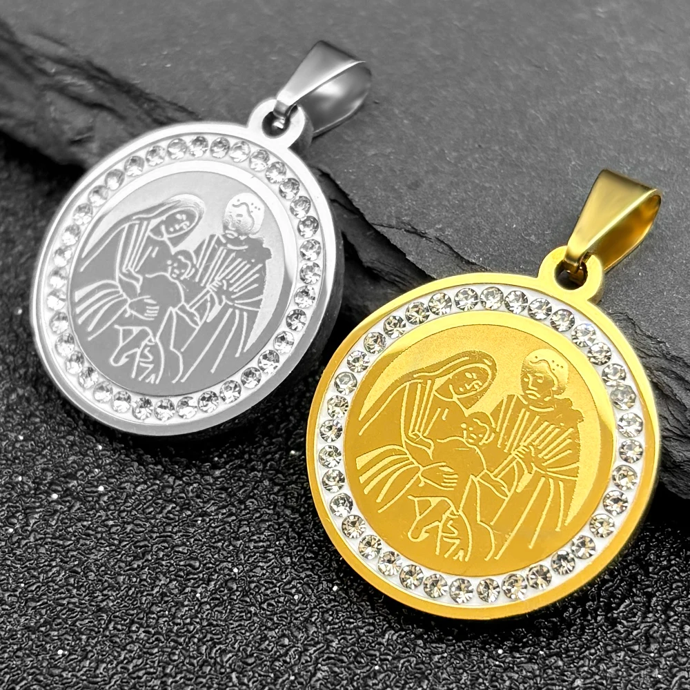 

3Pcs Christian Mother of Jesus Medallion Pendants for Women Men Gold Silver Color Stainless Steel Rhinestone Charms Jewelry