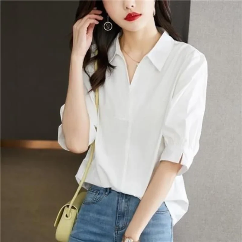 

Spring Summer Fashion Solid Color White Blouse Women New Short Sleeve Polo Collar Office Casual Lady Pullover Chiffon Shirt N259