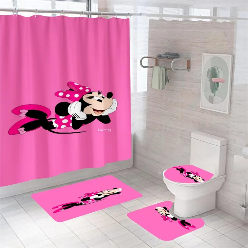 Disney Mickey Mouse Minnie Shower Curtain Set Toilet Cover Rug Carpet Non-slip Bath Mat Board Bathroom