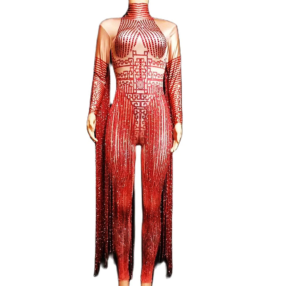 Women Red Shining Rhinestones Tassel Sexy Jumpsuits Party Bar Pole Dance Outfits