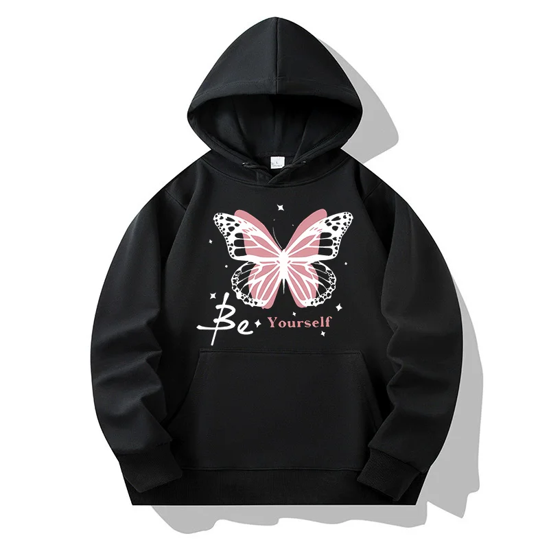 Sweat-shirt pour femme en laine automne/hiver - Ensemble sweat-shirt à capuche à manches longues imprimé papillon "Be Yourself"