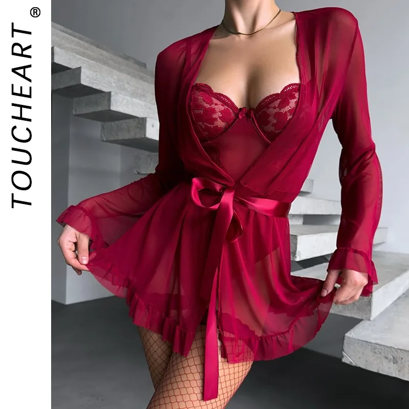 

Toucheart Erotic Pajamas Bodysuit Lace See-through Hollow Out Patchwork Girl Slim Solid Color Sexy Seductive Elegant Pajamas Set