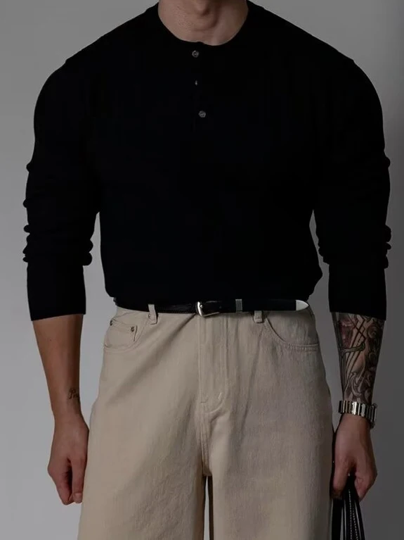 

Корейская вязаная футболка с воротником хенли и длинным рукавом, повседневная, для мужчин, на раннюю осень, с эффектом высокой плотности ткани, топ