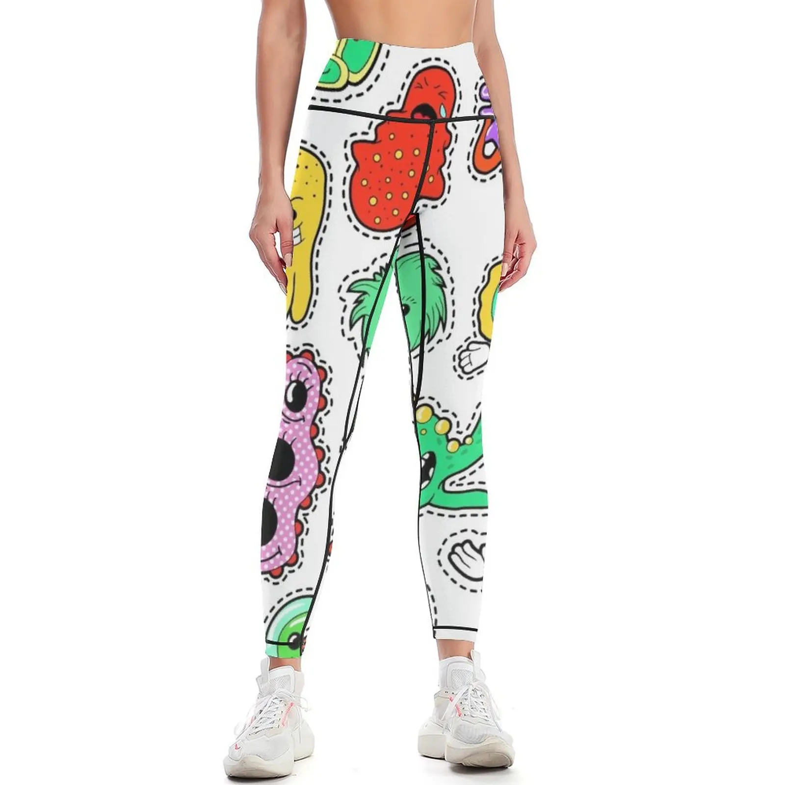

Funny Characters Bacteria and Microbes Set for Stickers, Badges, Patches. Vector doodle Leggings