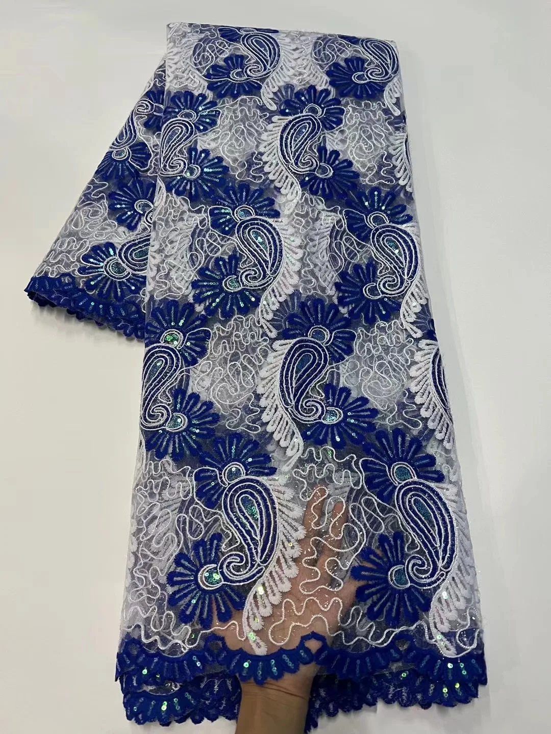

Latest Blue Nigerian Sequins Lace Fabric For Party 2022 High Quality Sequins Embroidery African French Tulle Lace Fabric PR22006